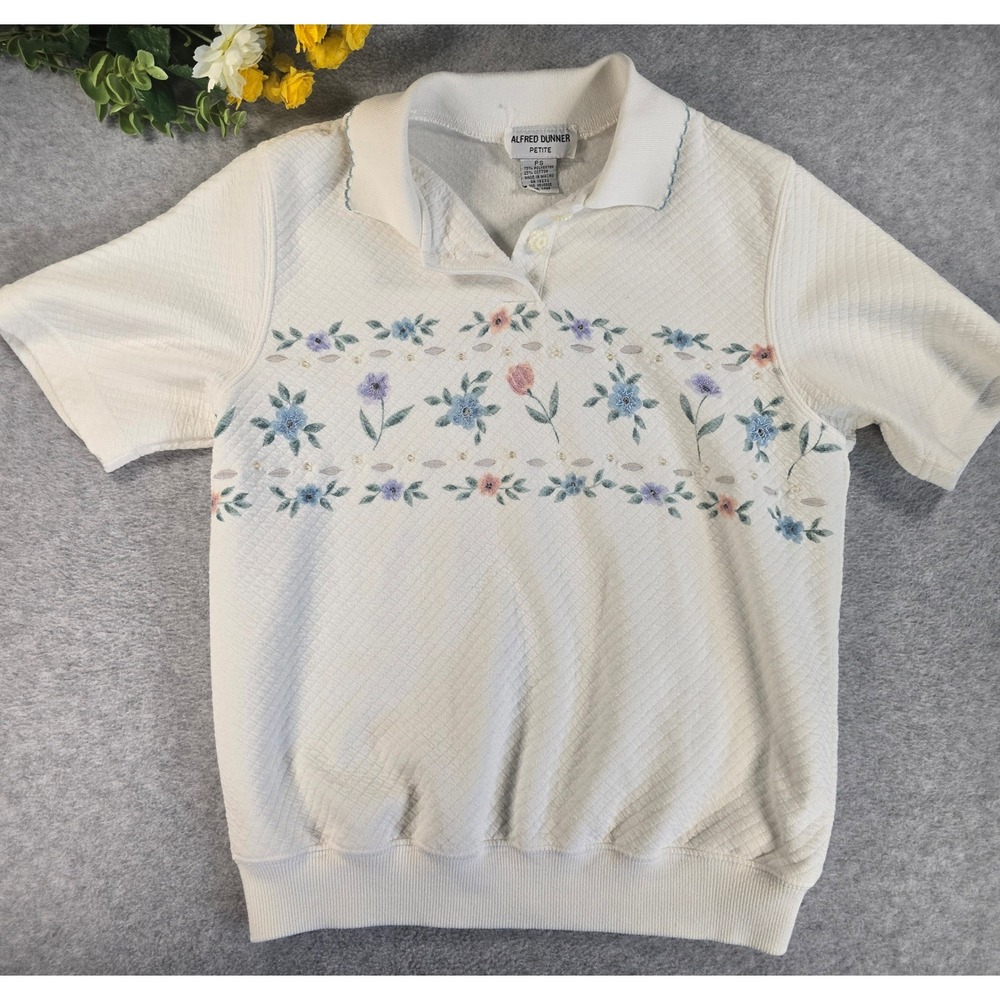 Vintage Alfred Dunner Polo Shirt Womens PS White Floral Quilted Embroidered